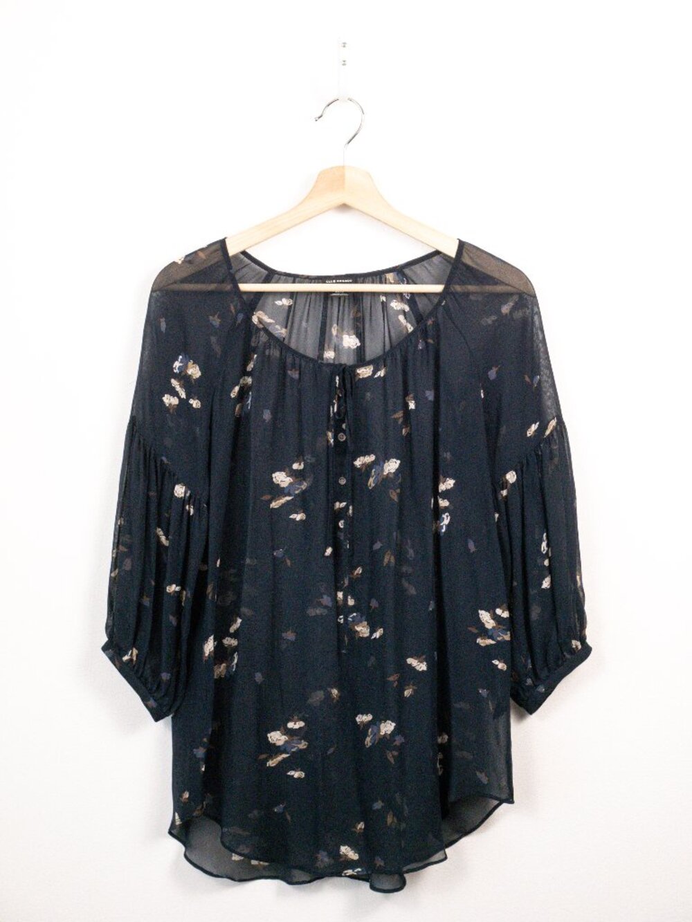 Club Monaco Sheer Floral Peasant Blouse Navy Blue Top XS / TP EUC